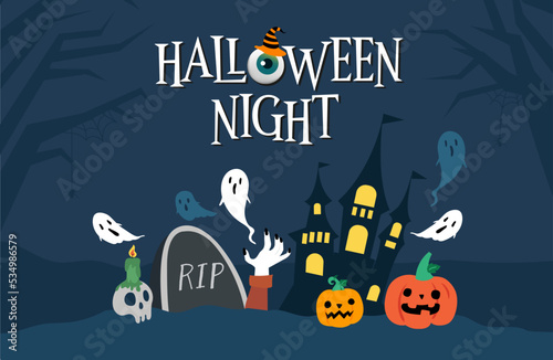 Halloween night banner with Two orange pumpkins  White ghost Gravestone and Castle on dark Blue background.
