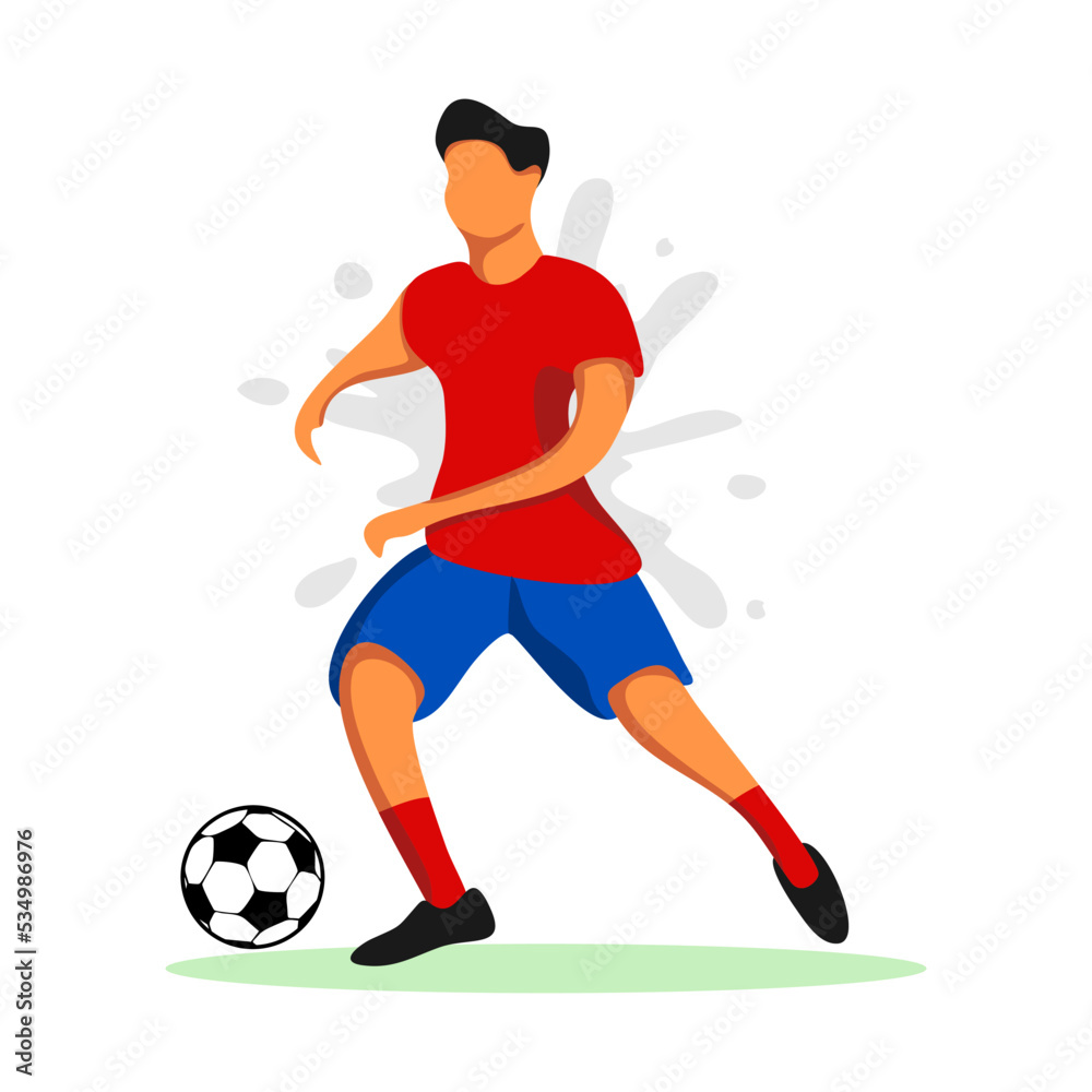 Soccer player in a red shirt and dribbling a ball. Vector illustration