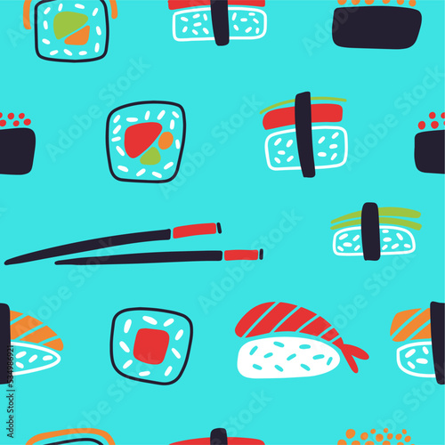 Vector pattern of sushi hand-drawn in doodle style. Oriental cuisine.