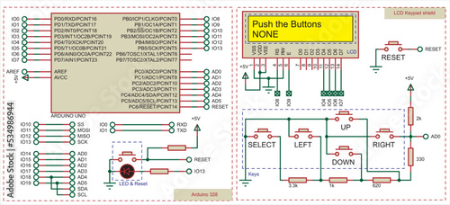 Vector diagram of an electronic device on the Arduino uno.Connecting external devices (keyboard and alphanumeric display) to the Arduino board. Electronic circuit board.