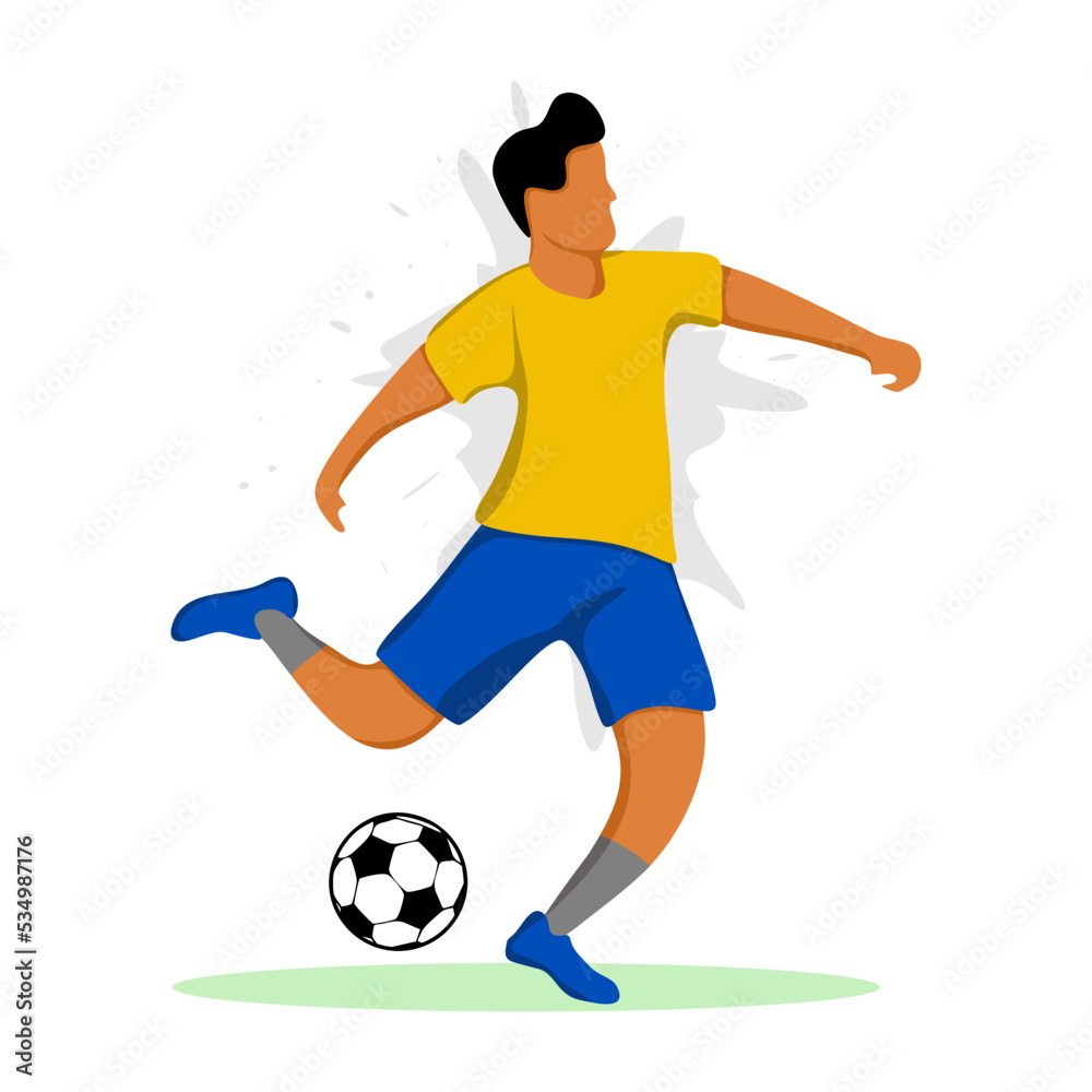 Soccer player kicks a ball. Flat design illustration