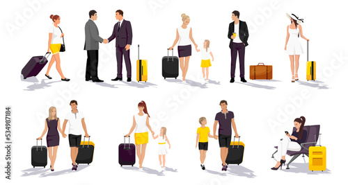 Set of tourist characters isolated on white background. People passenger travel with luggage. Young couple family with children. Summer vacation collection with woman, man, person. Vector illustration