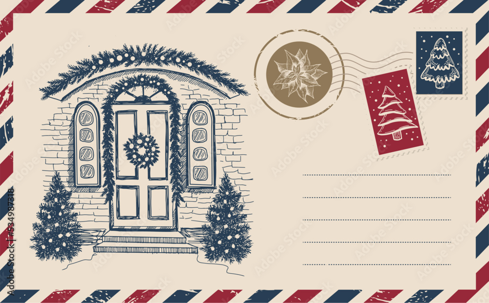 Christmas mail, postcard, hand drawn illustration.
Christmas mail, postcard, hand drawn illustration.