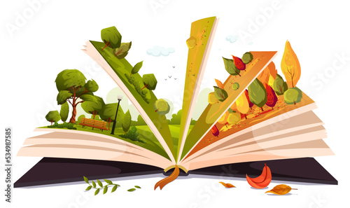 Open book with fairy tale. Green summer forest, snowy winter, adventure story for children, kids. Different off seasons on sides of pages. Read magic storybook about spring nature. Vector illustration