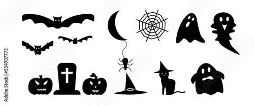 A set of vector images for Halloween. Black cat in a hat, kind pumpkins, bats, spider, moon and ghosts