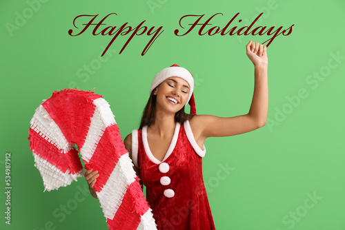 Happy woman dressed as Sant...