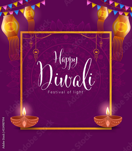 Happy Diwali Poster with Diya Lamp and Peacock Vector Illustration. Indian festival of lights Design. Suitable for Greeting Card, Banner, Flyer, Template. 