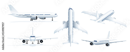 Airplane different views set isolated on white background. Front, side, back, top view graphic design. Big wings, turbines aircraft icons. Air plane, airliner 3d model collection. Vector illustration
