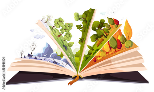 Magical story book with fairy tale. Four seasons, summer, winter, spring, autumn. Open book different off season on pages. Children and kids reading fantasy storybook about nature. Vector illustration