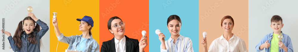 Collage of electrician and people with light bulbs on color background Collage of electrician and people with light bulbs on color background