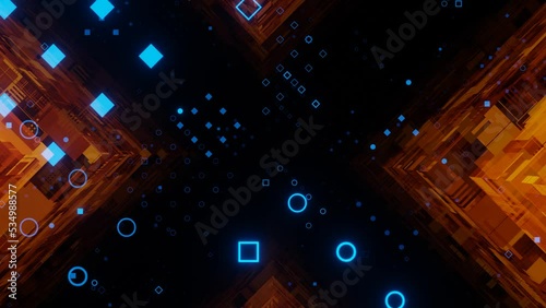 Digital Cyberspace with Particles and Digital Data Network Connections. Big Data Digital tunnel square with futuristic matrix., Seamless animation 3d model and illustration.