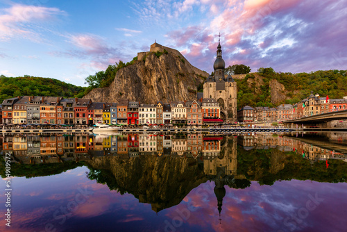 Fotografie Colorful cityscape of Dinant with sunset at the river Meuse, Belgium