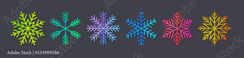 Set of colorful snowflakes shapes isolated on black background. Festival ornate decoration for christmass, happy new year party, celebration banner. Silhouette of frozen ice flake. Vector illustration