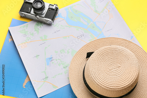 World maps, photo camera an...