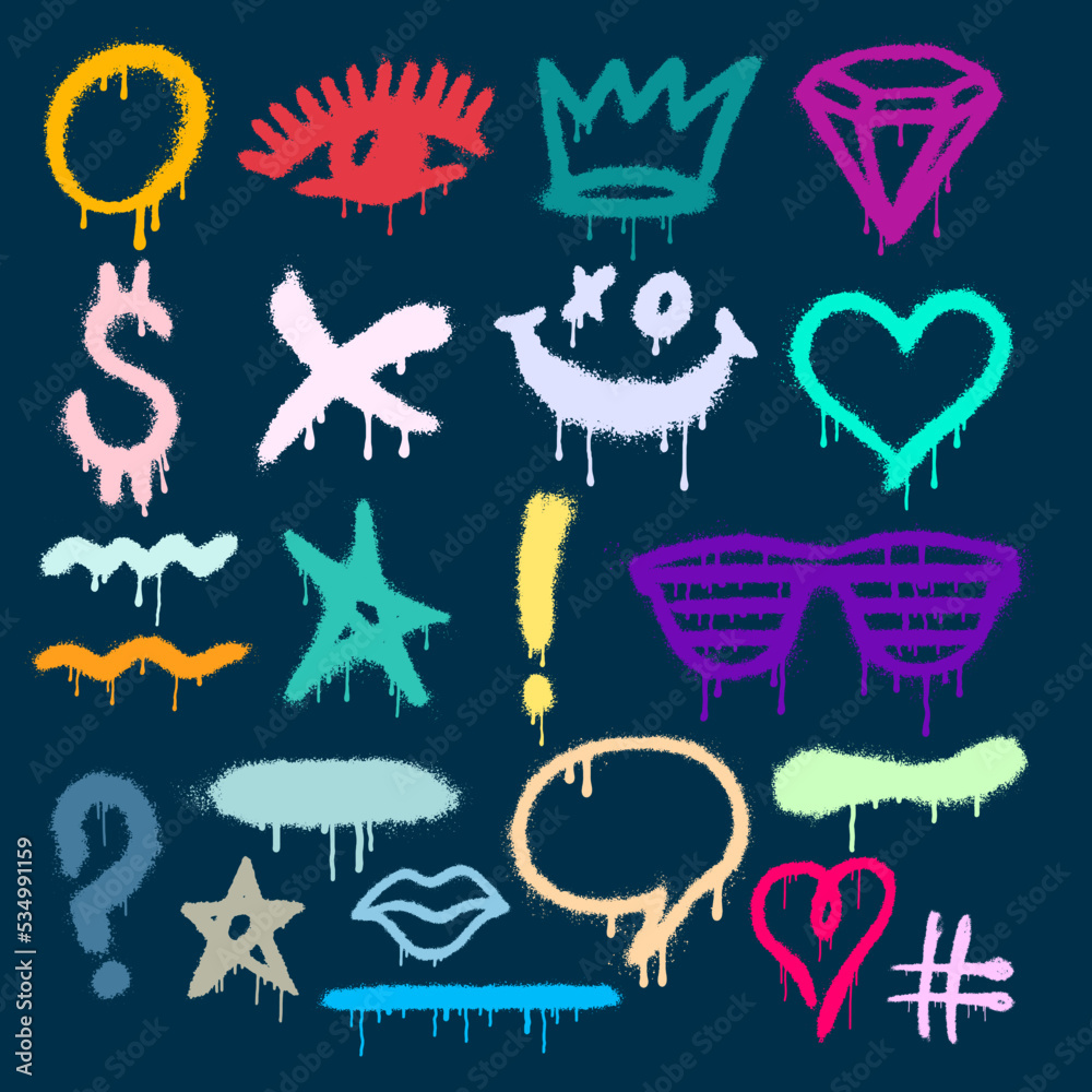 Big set of colored graffiti spray pattern. Design symbols, glasses, scribble, crown, arrow, star, eye with spray texture. Grunge elements for banner, decoration, poster, street art and ads. Big set of colored graffiti spray pattern. Design symbols, glasses, scribble, crown, arrow, star, eye with spray texture. Grunge elements for banner, decoration, poster, street art and ads.