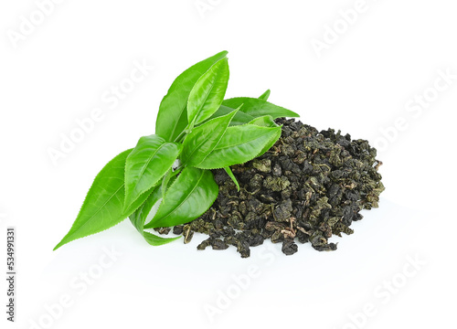 fresh green tea leaf and dry on white background