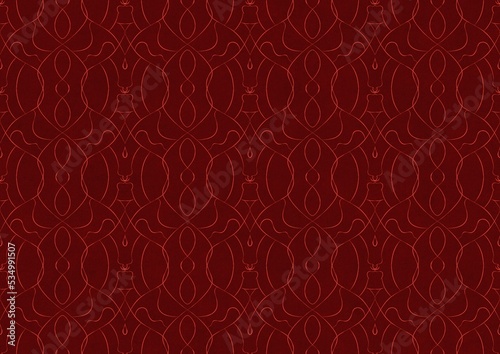 Hand-drawn unique abstract symmetrical seamless ornament. Bright red on a deep red background. Paper texture. Digital artwork, A4. (pattern: p08-1c) © Maria