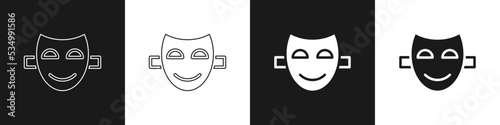 Set Comedy theatrical mask icon isolated on black and white background. Vector