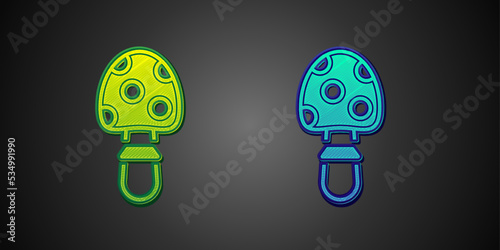 Green and blue Amanita muscaria or fly agaric hallucinogenic toadstool mushroom icon isolated on black background. Spotted poisonous mushroom. Vector
