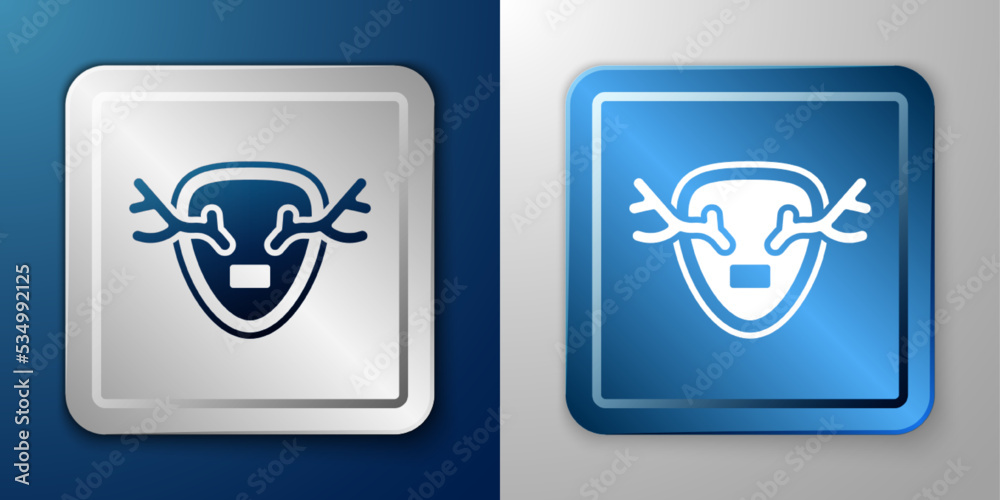 White Deer antlers on shield icon isolated on blue and grey background. Hunting trophy on wall. Silver and blue square button. Vector