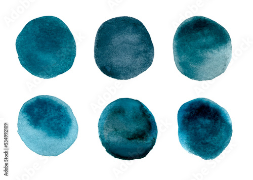 Set of blue watercolor brush strokes, textures,shapes,abstract backgrounds,frame for text.Collection of decorative elements on white background.Vector illustration