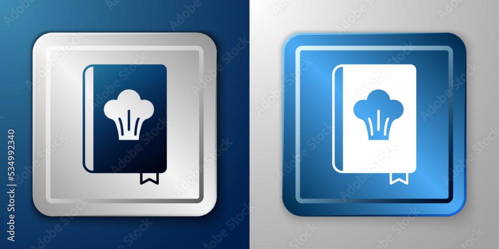 White Cookbook icon isolated on blue and grey background. Cooking book icon. Recipe book. Fork and knife icons. Cutlery symbol. Silver and blue square button. Vector White Cookbook icon isolated on blue and grey background. Cooking book icon. Recipe book. Fork and knife icons. Cutlery symbol. Silver and blue square button. Vector