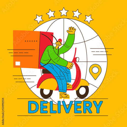 Fast delivery concept. Courier with a box on a bike. Food delivery service.
