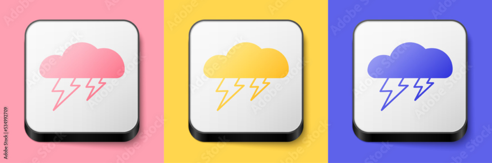 Isometric Storm icon isolated on pink, yellow and blue background. Cloud and lightning sign. Weather icon of storm. Square button. Vector Isometric Storm icon isolated on pink, yellow and blue background. Cloud and lightning sign. Weather icon of storm. Square button. Vector
