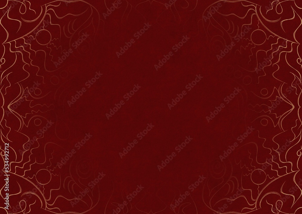 Deep red textured paper with vignette of golden hand-drawn pattern. Copy space. Digital artwork, A4. (pattern: p07-1a)