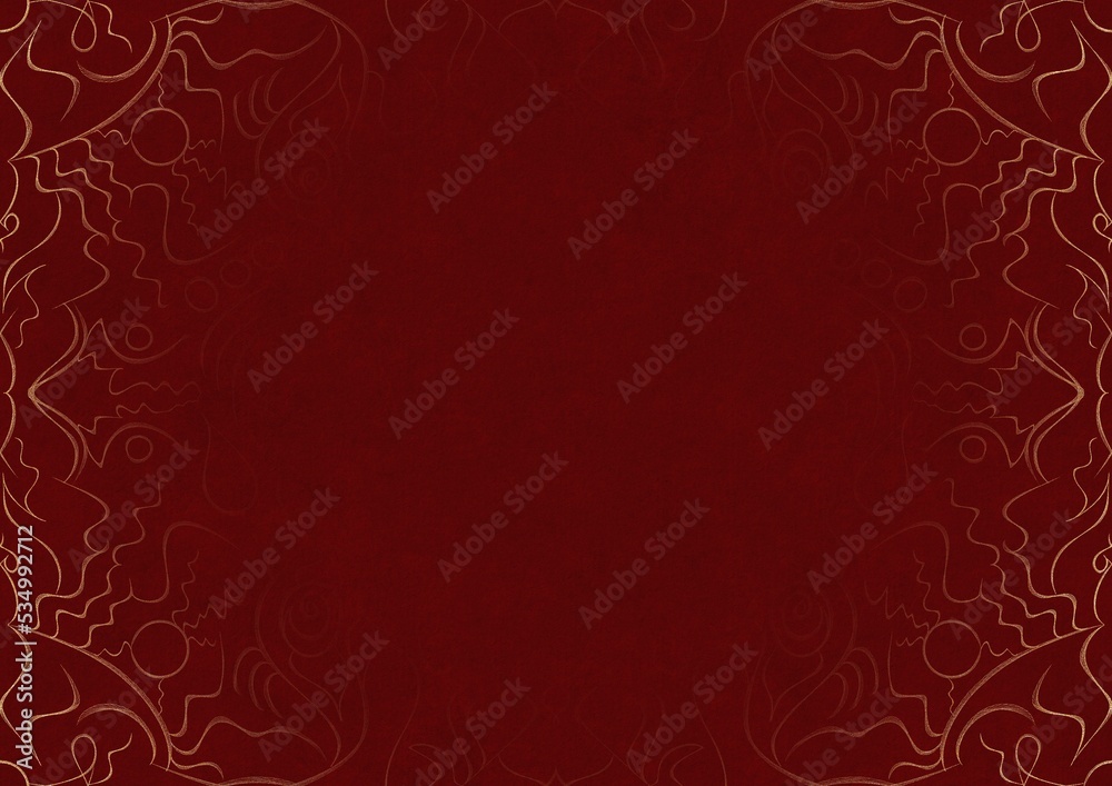 Deep red textured paper with vignette of golden hand-drawn pattern. Copy space. Digital artwork, A4. (pattern: p07-1a) Deep red textured paper with vignette of golden hand-drawn pattern. Copy space. Digital artwork, A4. (pattern: p07-1a)