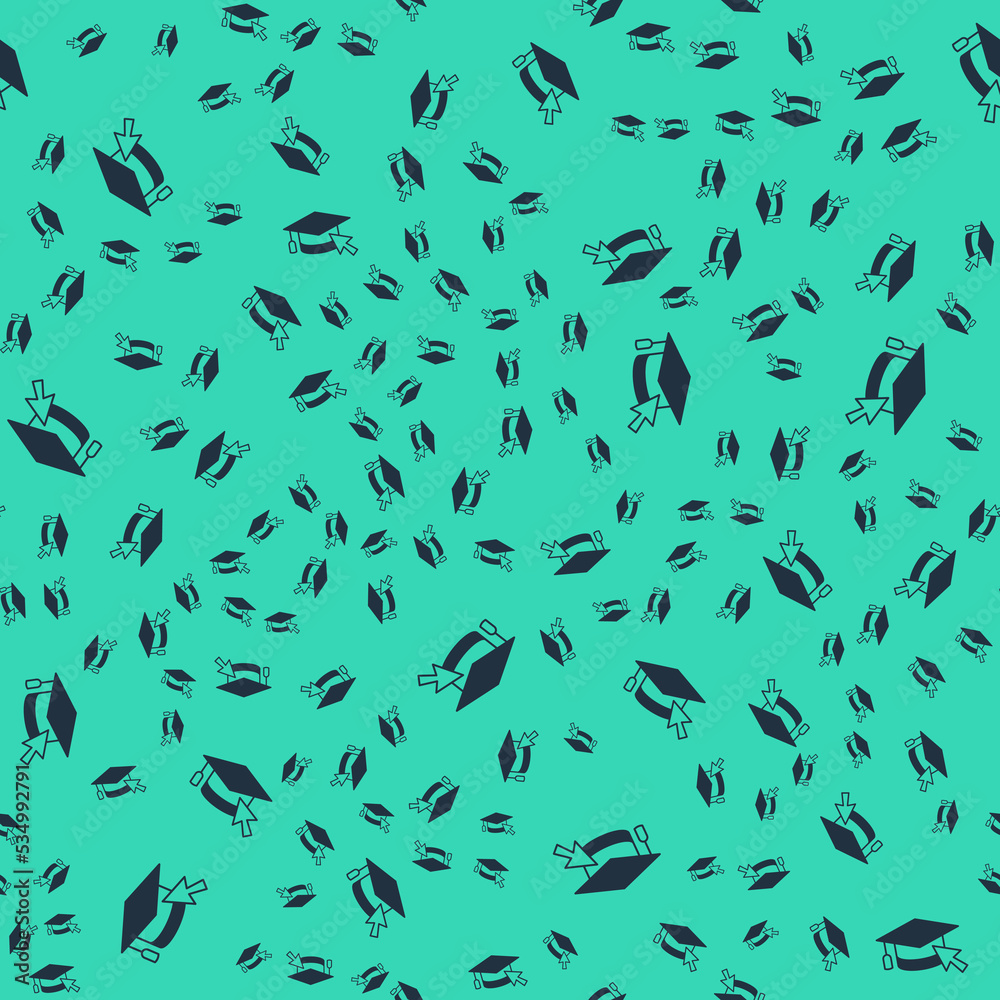 Black Graduation cap with cursor icon isolated seamless pattern on green background. World education symbol. Online learning or e-learning concept. Vector Black Graduation cap with cursor icon isolated seamless pattern on green background. World education symbol. Online learning or e-learning concept. Vector