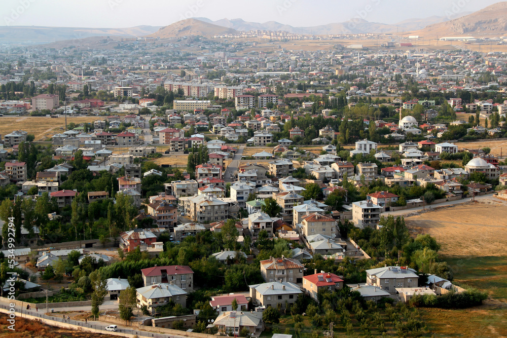 A panoramic view of the city of Van against the background of the mountains in the Eastern Anatolia region of Turkey