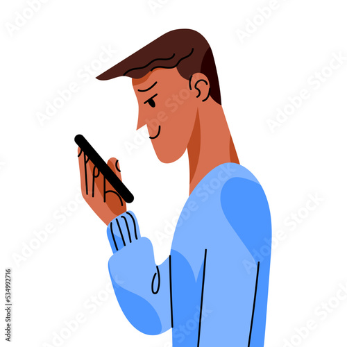 Man with dark brown skin standing in profile holding a smartphone with smile. Scrolling feed, social media, using apps, making a phone call. Torso portrait. Vector flat Illustration in cartoon style.