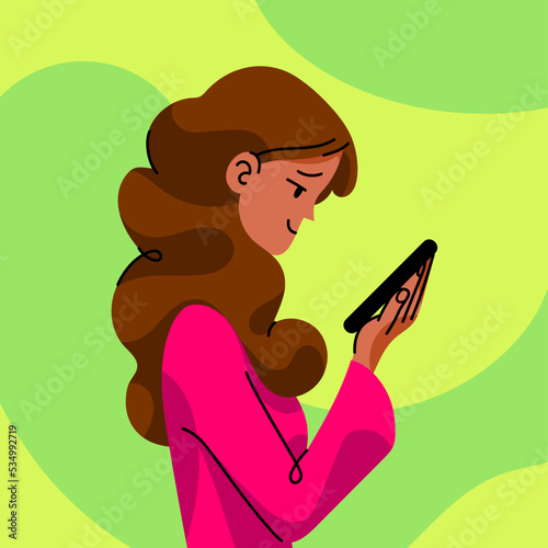 Woman of color standing in profile holding a smartphone with smile. Scrolling feed, using social media or apps, making a facetime call. Torso portrait. Vector flat Illustration in cartoon style.