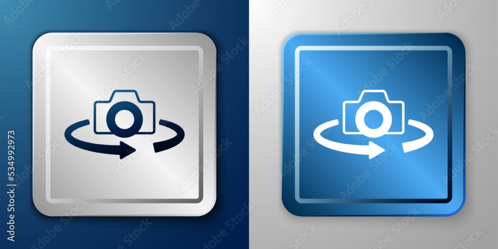 White 360 degree view icon isolated on blue and grey background. Virtual reality. Angle 360 degree camera. Panorama photo. Silver and blue square button. Vector White 360 degree view icon isolated on blue and grey background. Virtual reality. Angle 360 degree camera. Panorama photo. Silver and blue square button. Vector