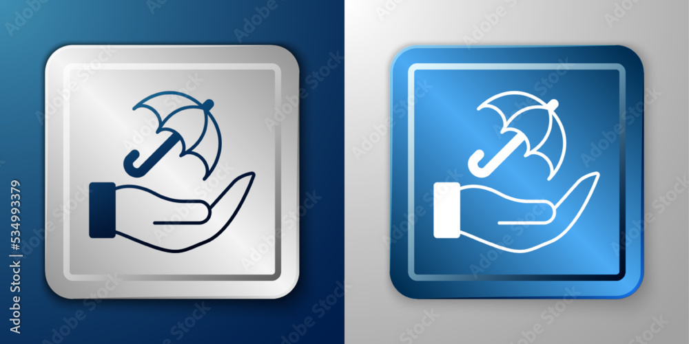 White Umbrella in hand icon isolated on blue and grey background. Insurance concept. Waterproof icon. Protection, safety, security concept. Silver and blue square button. Vector