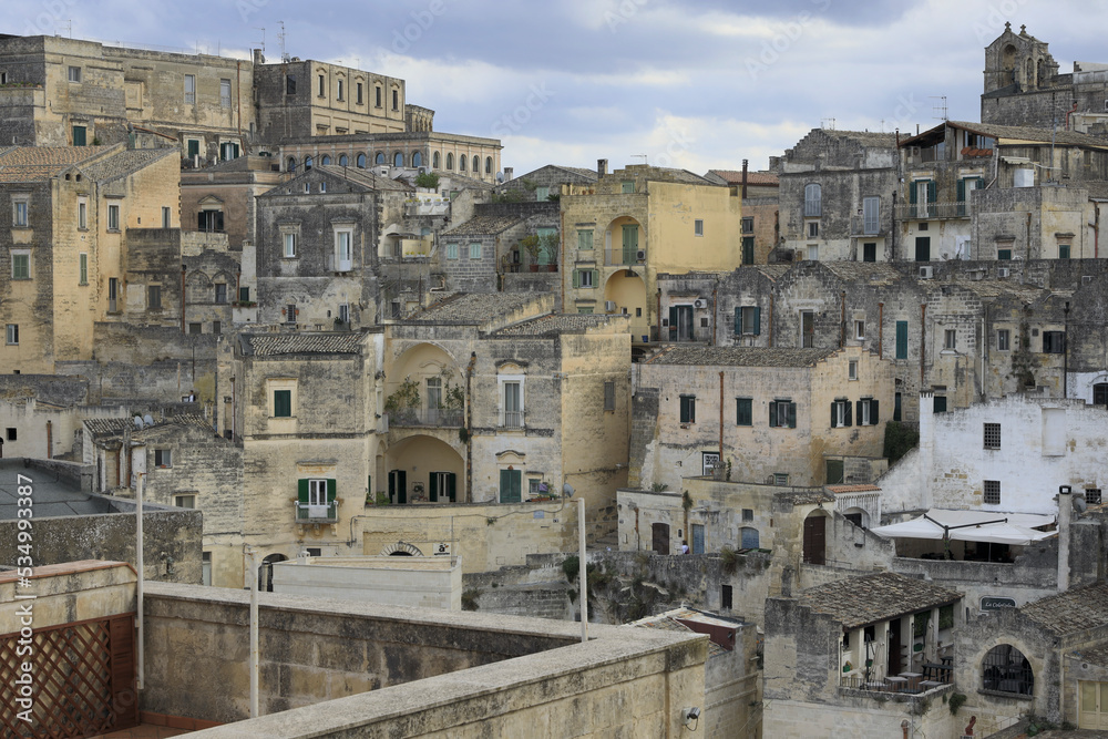 Matera, Basilicata, Italy. Panoramic shots of the city with Unesco World Heritage status, situated on a rocky promontory.