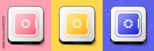 Isometric Safe icon isolated on pink, yellow and blue background. The door safe a bank vault with a combination lock. Reliable Data Protection. Square button. Vector