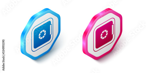 Isometric Safe icon isolated on white background. The door safe a bank vault with a combination lock. Reliable Data Protection. Hexagon button. Vector