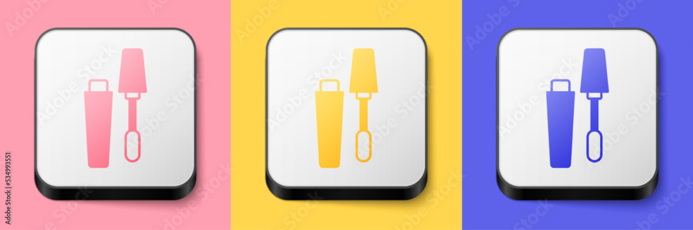 Isometric Mascara brush icon isolated on pink, yellow and blue background. Square button. Vector Isometric Mascara brush icon isolated on pink, yellow and blue background. Square button. Vector