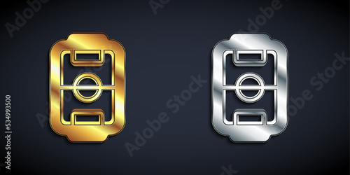 Gold and silver Table football game hobby or leisure icon isolated on black background. Sport team football players. Long shadow style. Vector