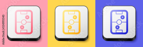 Isometric Air hockey table icon isolated on pink, yellow and blue background. Square button. Vector