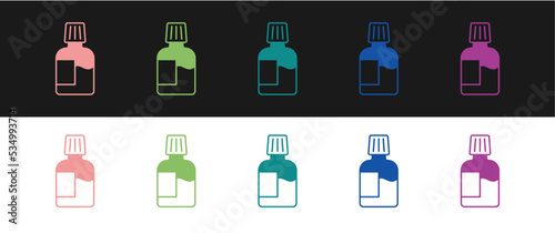 Set Mouthwash plastic bottle icon isolated on black and white background. Liquid for rinsing mouth. Oralcare equipment. Vector