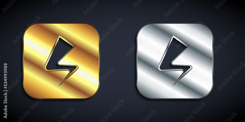 Gold and silver Lightning bolt icon isolated on black background. Flash sign. Charge flash icon. Thunder bolt. Lighting strike. Long shadow style. Vector Gold and silver Lightning bolt icon isolated on black background. Flash sign. Charge flash icon. Thunder bolt. Lighting strike. Long shadow style. Vector