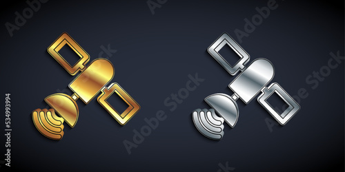 Gold and silver Satellite icon isolated on black background. Long shadow style. Vector