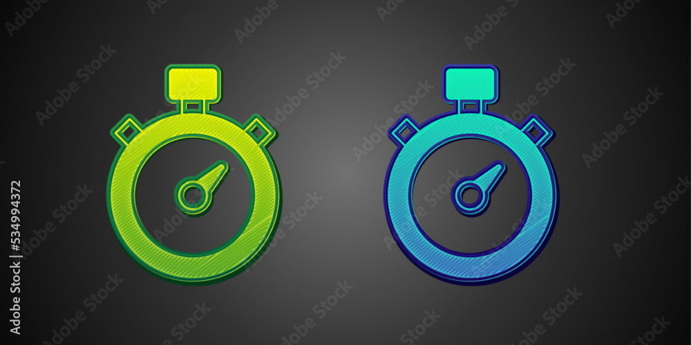 Green and blue Stopwatch icon isolated on black background. Time timer sign. Chronometer sign. Vector Green and blue Stopwatch icon isolated on black background. Time timer sign. Chronometer sign. Vector