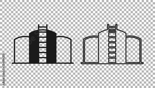 Black Oil tank storage icon isolated on transparent background. Vessel tank for oil and gas industrial. Oil tank technology station. Vector