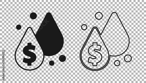 Black Oil drop with dollar symbol icon isolated on transparent background. Oil price. Oil and petroleum industry. Vector