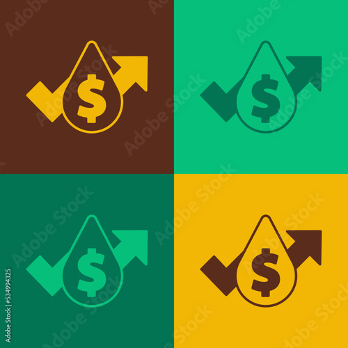 Pop art Oil price increase icon isolated on color background. Oil industry crisis concept. Vector