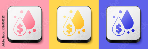 Isometric Oil drop with dollar symbol icon isolated on pink, yellow and blue background. Oil price. Oil and petroleum industry. Square button. Vector